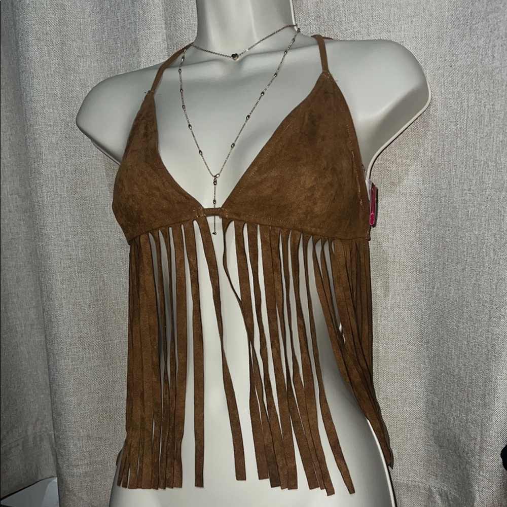 Brown Fringe Halter Top